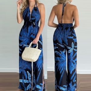 Blue and Black Halter Top Tropical Design Jumpsuit